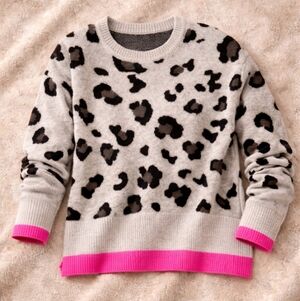 Ultra Flirt Leopard Print Crewneck Sweater with Hot Pink Trim
